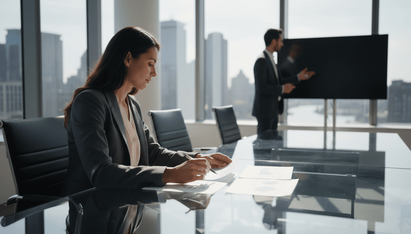 Executive reviewing strategy documents at a glass conference table in a modern Boston office