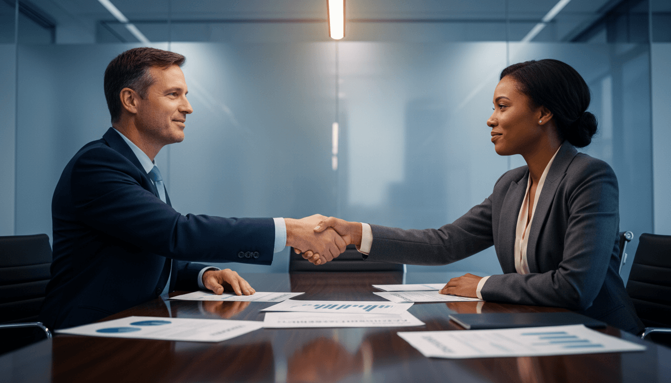 Executive leadership completing successful merger and acquisition partnership