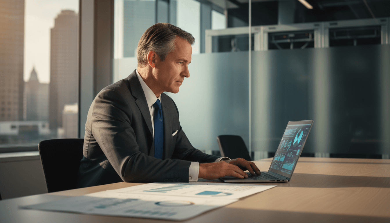 Senior executive reviewing technology strategy and business operations at modern workspace