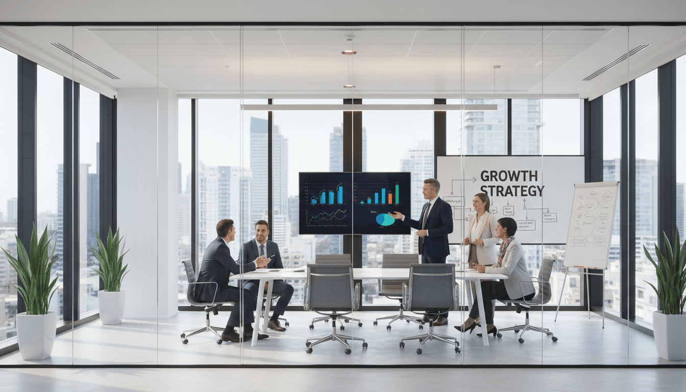 Executive strategy meeting with professionals reviewing business insights and data