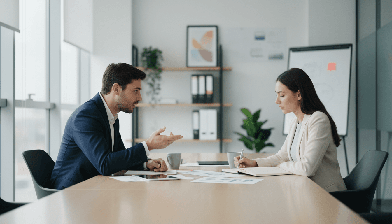 Two business professionals in discussion at a conference table